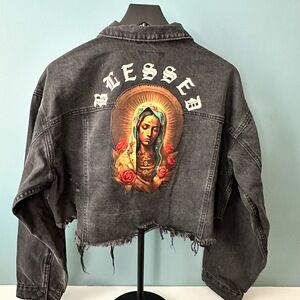 Trio New York Black Jean Jacket with Graphic Design